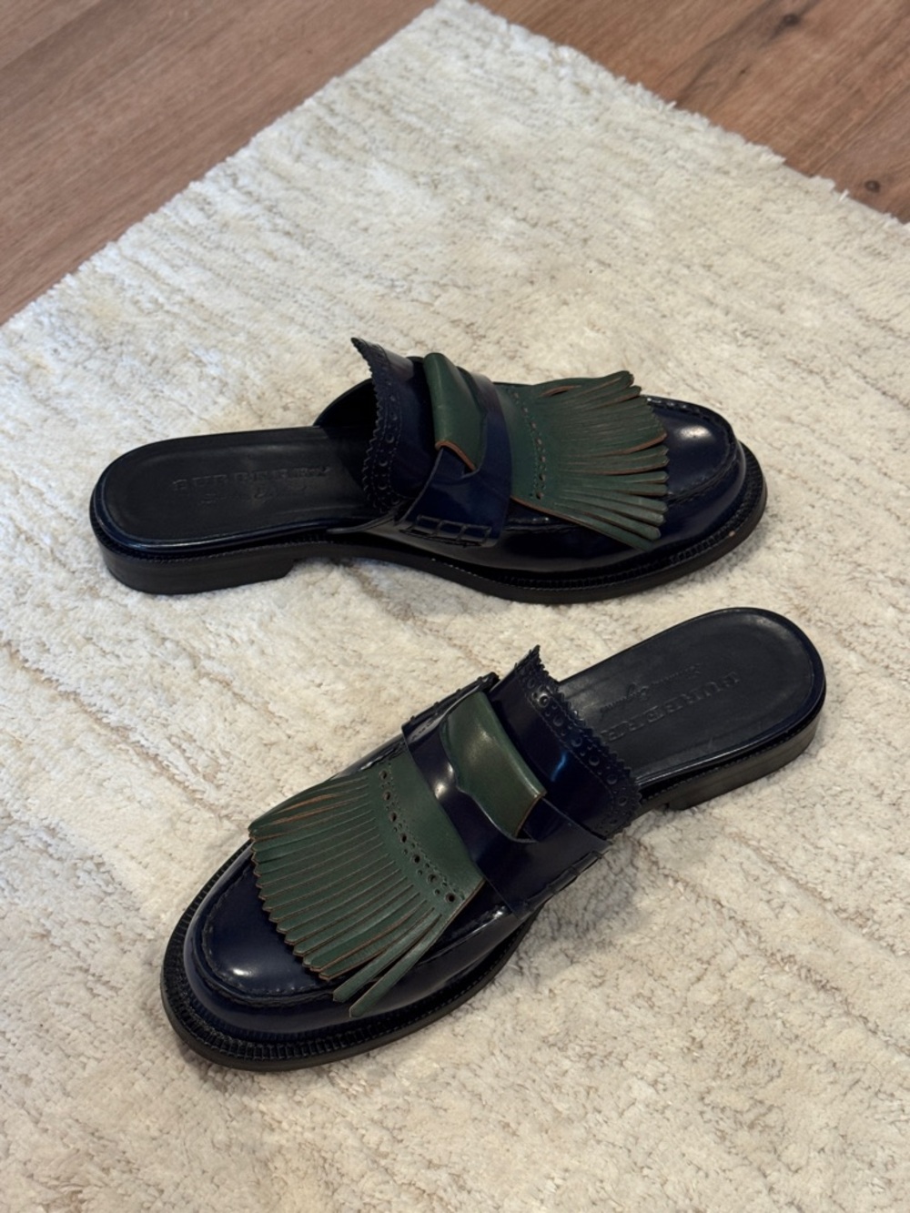Burberry Navy Leather Slip-On Loafers with Green Fringe